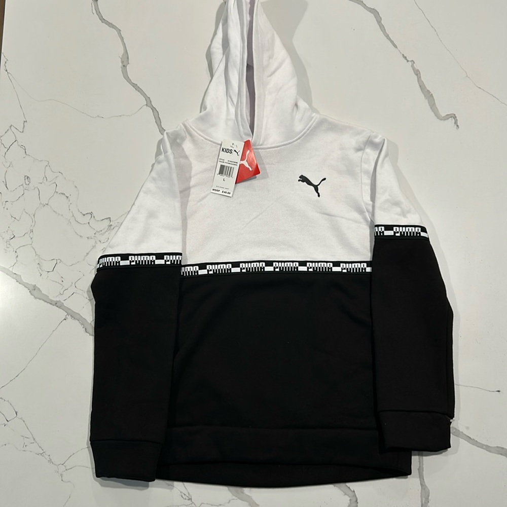 Boys Puma hoodie size large. Black & white. New w/ tags